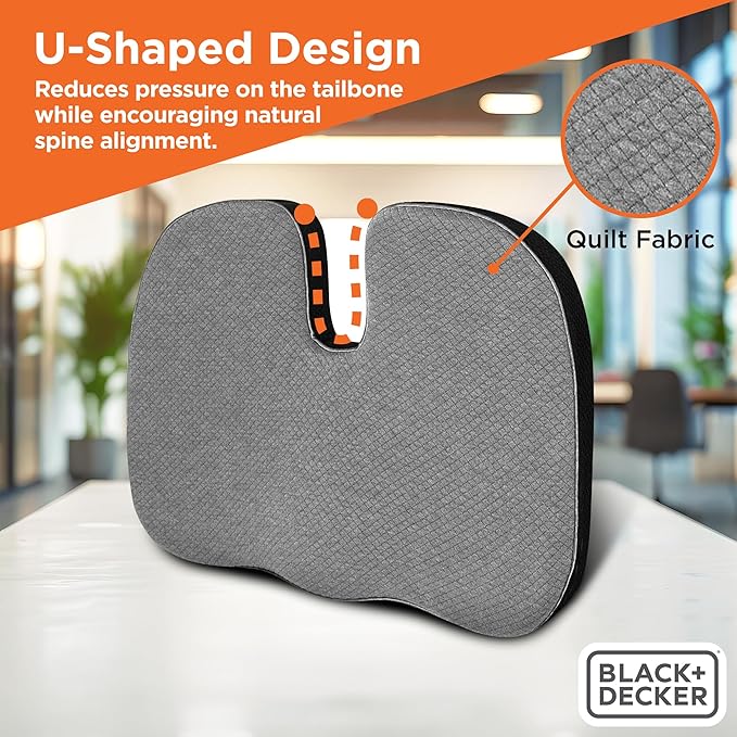 BLACK+DECKER Quilted Knit Memory Foam Seat Cushion U Seat Cushion for Office Chair, Car, Wheelchair & Airplane – Ergonomic, Pain Relief, Non-Slip Backing, Washable Cover, Black