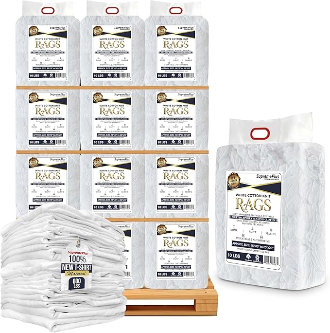 Premium New White Cotton Knit T-Shirt Rags (600 lbs. Pallet 60x10 lbs. Bag of Rags) - Lint-Free, Soft & Absorbent Bulk Cleaning Cloths for Auto, Paint, Garage, Staining & Polishing