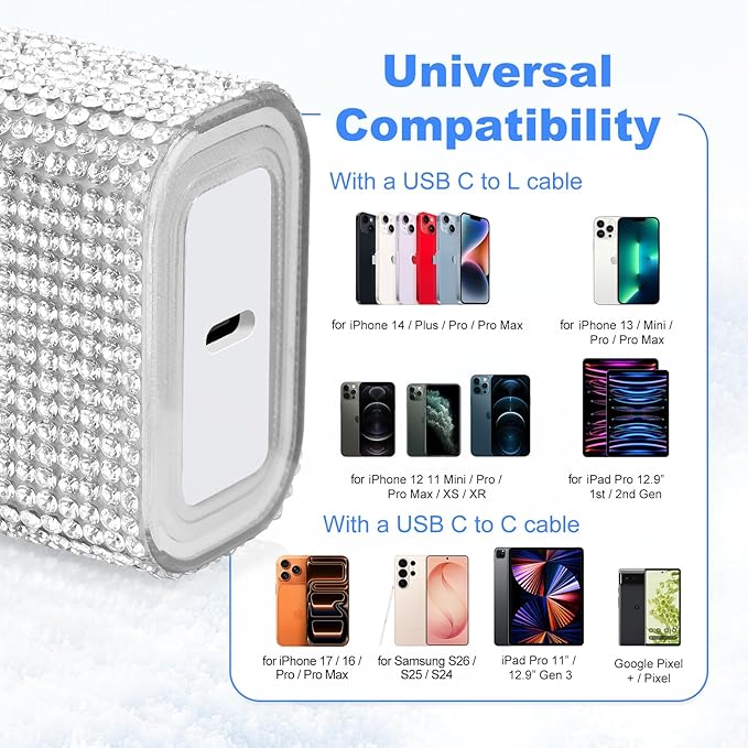 Aolcev for iPhone Charger Fast Charging Bling USB C Charging Block 30W Rhinestones Type C Charger Blocks for iPhone 17 16 15 14 13 12 iPad Bling Fast USB C Adapter for Samsung S26 S25 S24 S23 Sliver
