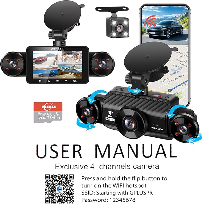 4 Channel Dash Cam 360 Degree View 5G WiFi & APP Control, WIZACE 2K Front and Rear Inside, Left Right Dash Camera for Cars Free 64GB TF Card, G-Sensor, Night Vision, 24H Parking Mode