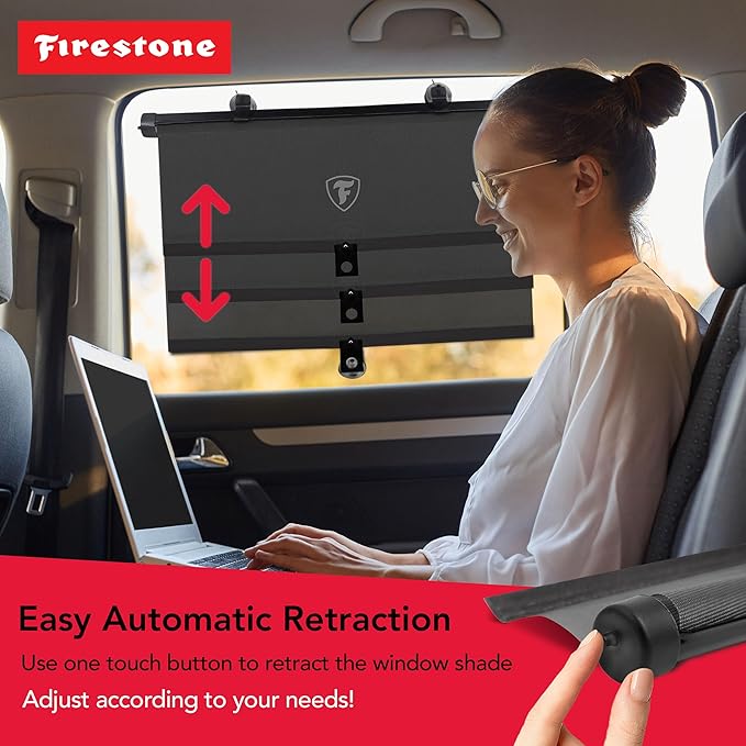Firestone 2 Pack Retractable Automotive Sunshade Car Window Sunshades - Blocks 99% UV Rays, Lightweight & Compact Car Side Window Shade with Automatic Retract Button, Blocks Glare & Heat, Black