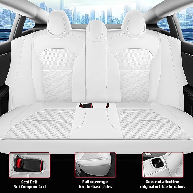 Customized Seat Cover for Tesla Model 3 2024 2025 Highland Long Range (Not for Performance) Nappa Leather Car Interior Airbag Compatible Cushion Cover Full Set (T3-White-24-25)