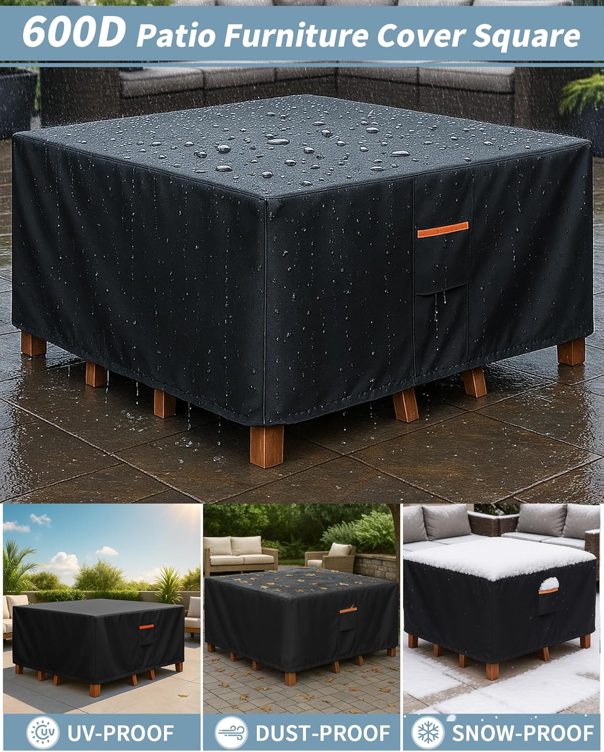 Outdoor Waterproof Furniture Cover, 106W x 106L x 28H inches Heavy Duty 600D Square Table and Chair Set Protection, Black