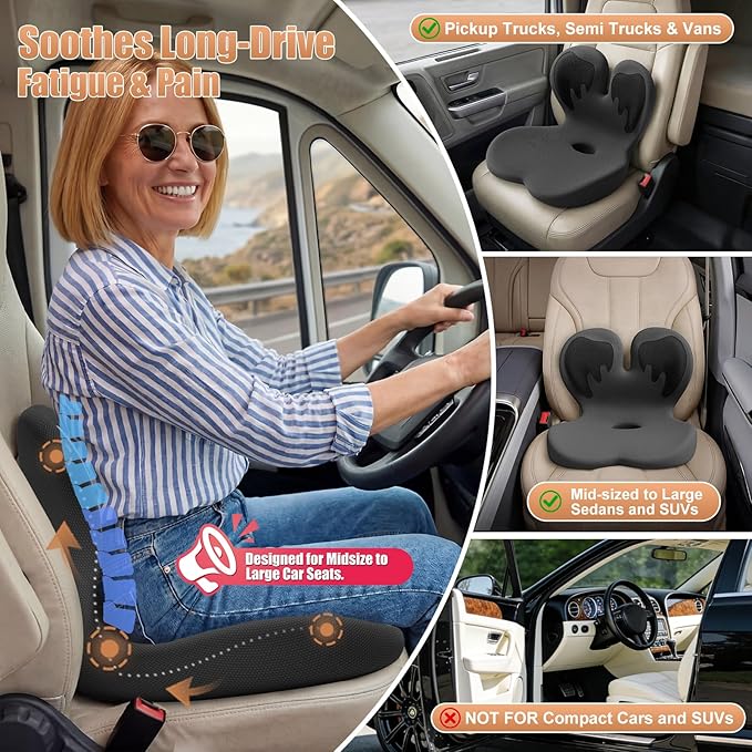 Car Seat Cushion with Lumbar Support for Long Driving Truck RV, 3" Lift Breathable Ergonomic Memory Foam Cushion for Hip, Coccyx, Sciatica, Tailbone & Lower Back Support Vehicles Office Chair (Black)