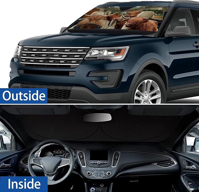Funny Highland Cow Windshield Sunshade for Car SUV Truck Foldable Uv Ray Reflector Front Window Sun Shade Visor Shield Cover -59" X 31"