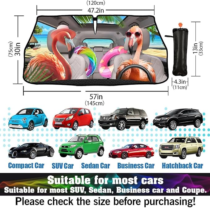 CHILL·TEK Funny Animal Car Windshield Sun Shade Umbrella, Cute Flamingo Car Sun Shade Umbrella, Block UV Rays Heat Foldable Windshield Umbrella Sun Visor Protector - Keep Vehicle Cool for Cars SUV