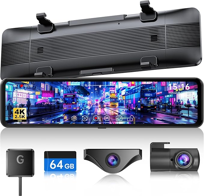 JOMISE T860+ Mirror Dash Cam 4K Front and 2.5K Rear, Detached Front Camera for 10-Minute Install, 3X Zoom Rear View Mirror Camera, 64GB Card Included, Night Vision, WDR, Parking Assist, GPS