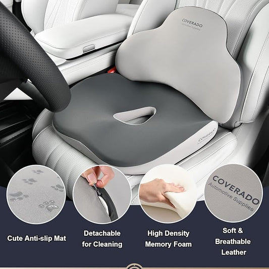 Coverado Seat Cushion and Lumbar Support Pillow for Car Office Chair, Ergonomic Memory Foam Desk Chair Cushion Back Support Pillow, Sciatica & Back & Tailbone Pain Relief Cushion-Black&Gray