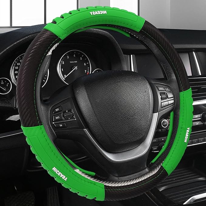 Sport Style Black Carbon-Fiber Steering Wheel Cover with Green Grip Steering Wheel Accessory,Universal Fit 14.75-15 inch Steering Wheel
