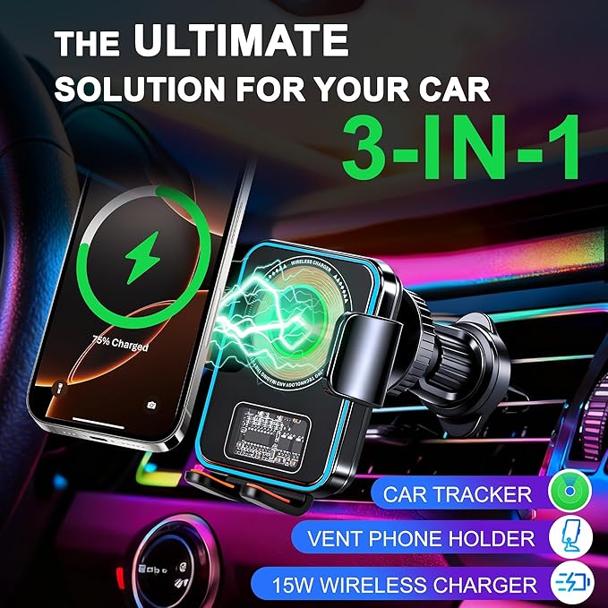 15W Fast Wireless Car Charger with Air Tracker Tag GPS Bulid in(iOS Only)-Air Vent Phone Mount, Works with Apple Find My, Hidden＆Undetectable (Wireless Car Charger with Tracker)