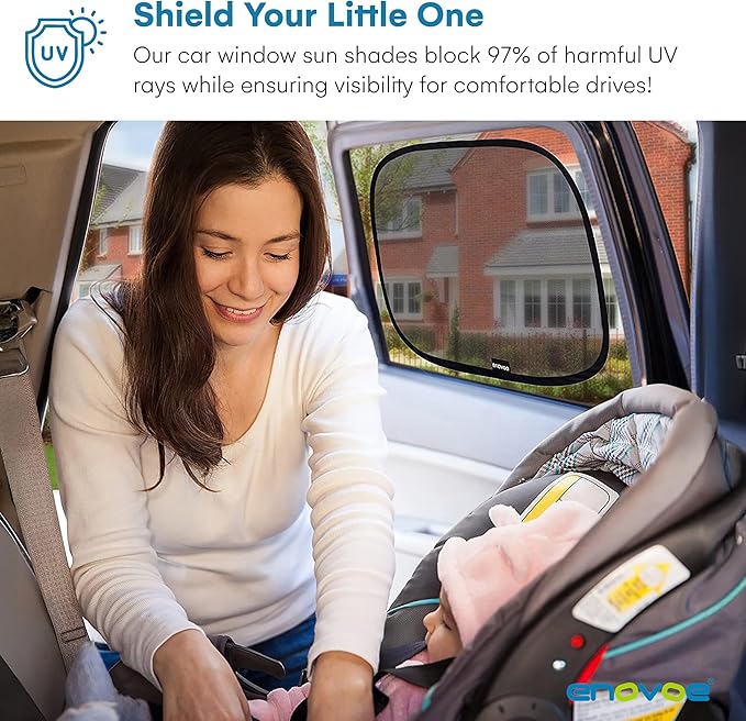 Enovoe Car Window Shades for Baby (2 Pack) - 21x14 Inches Sun Shade Blocker, Cling - Glare Shield and UV Rays Protection for Your Child - Side Windows Screens for SUV- Mesh Window Shades for car Baby