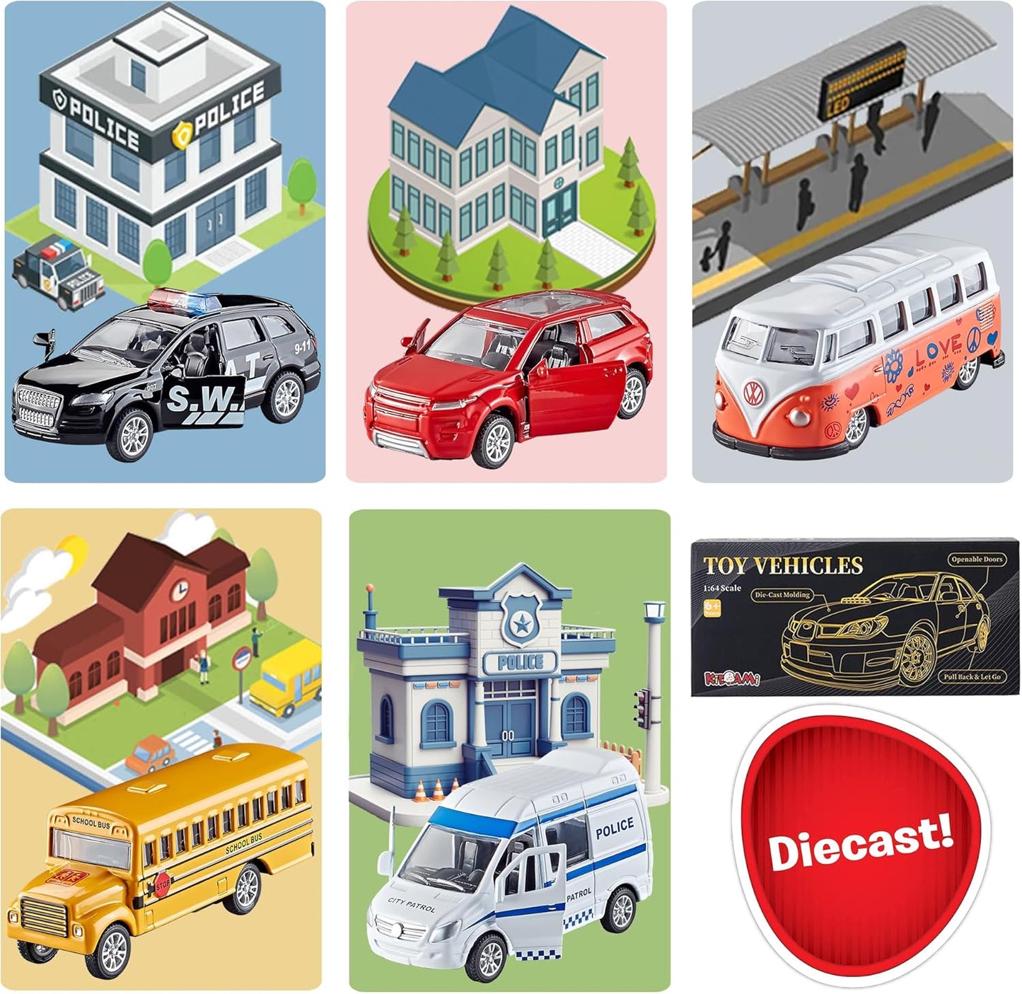 KIDAMI Die-cast Metal Toy Cars Set of 5, Openable Doors, Pull Back Car, Gift Pack for Kids (Official Car)