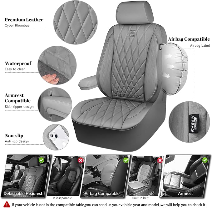 CAR PASS Piping Luxury PU Leather Two Front Car Seat Covers, Waterproof Anti Slip Seat Covers Compatible with Front Seat Armrests,Universal Fit for Suvs,Vans,Trucks,Airbag Compatible(All Gray)
