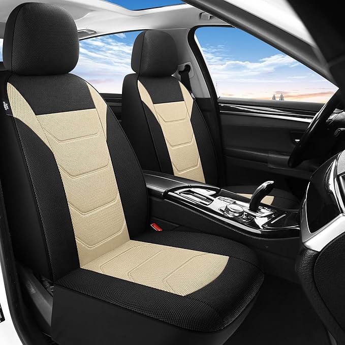 3D Air Mesh Car Seat Cover Front Sets Washable and Breathable Premium Cloth Automotive Vehicle Seat Covers for Cars Interior, Universal Fit for Most Cars, Sedan, Truck, SUV(Black/Beige)