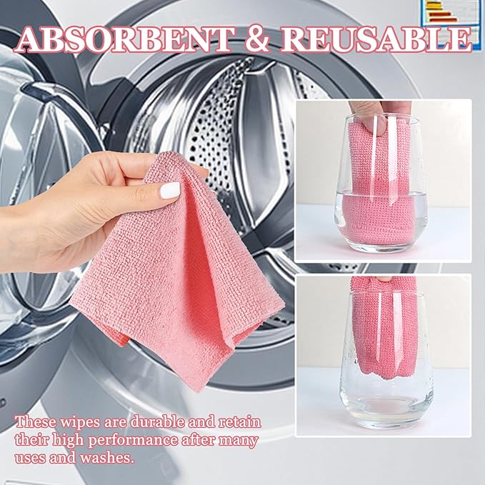 wuyaoyao 50PCS Microfiber Cleaning Cloth Roll, 10"×10" Tear Away Microfiber Towels, Reusable Washable Cloth Paper Towels, Multi-Purpose Cleaning Rags for Car Home Kitchen Garage Shop (Pink)