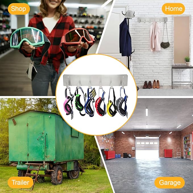 Blulu 2 Pack Aluminum Goggle Helmet Storage Rack Wall Mount 12 Hooks Goggle Organizer Hardware for Race Car Enclosed Trailer, Garage, Motorcycle Accessories