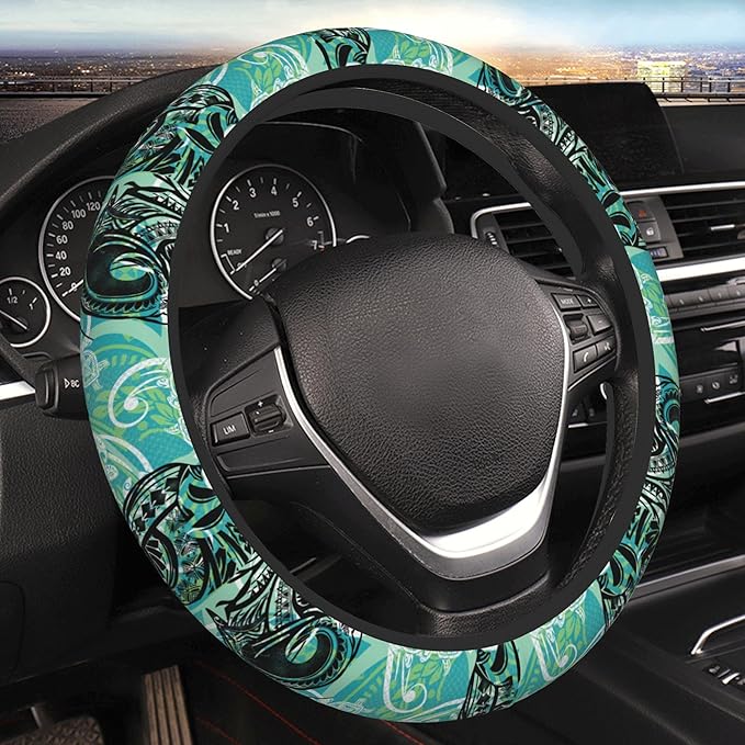 Hawaiian Sea Turtles Oceans Car Steering Wheel Cover for Women Men Stretch Cloth Anti-Slip Wrap Protector Case Fit Universal Auto Accessories Decor Sweat Absorption 14-15 Inch