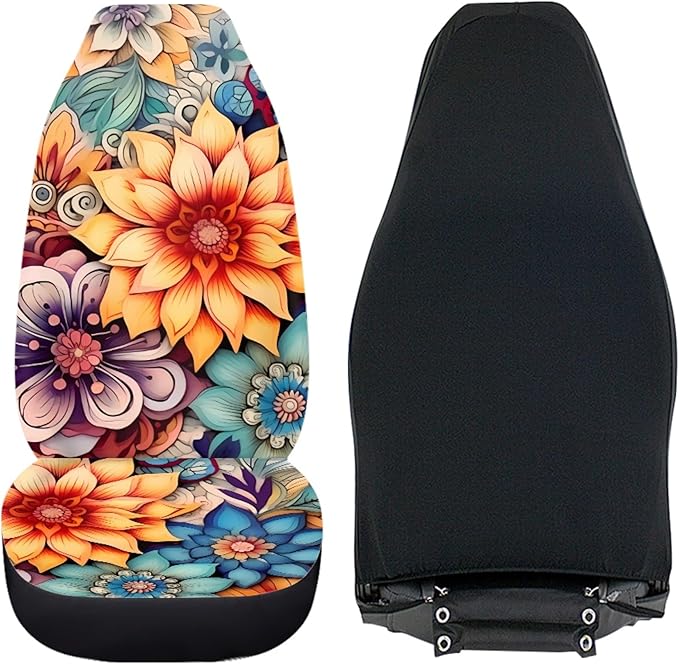 BIGCARJOB Blossoms Flower Car Seat Covers for Womens,Full Set of 2 Pcs Bohemian Floral Style Auto Front Seat Protector Durable Saddle Blanket Vehicle Seat Interior Accessories Cushion Pads
