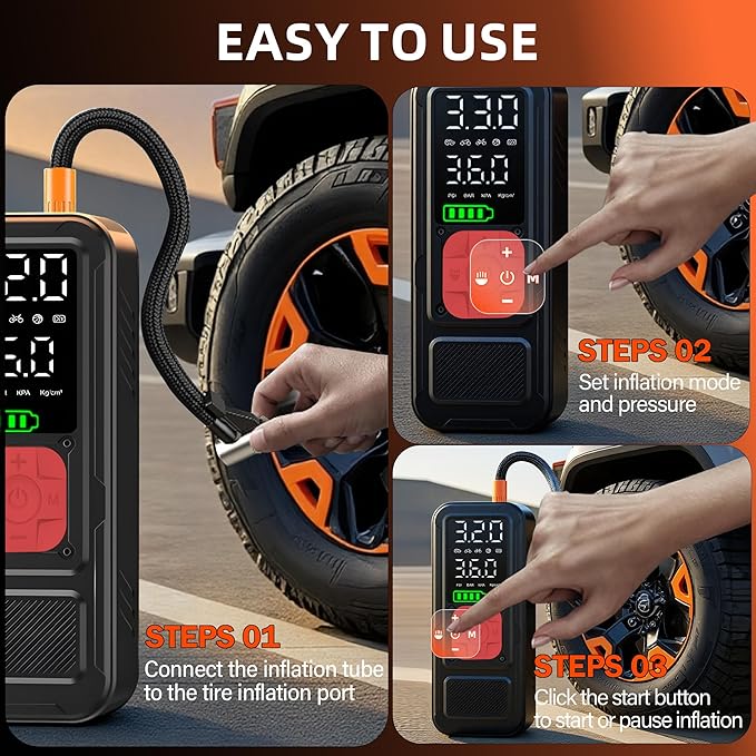 Y34 Tire Inflator Portable Air Compressor,4X Faster Inflation,10000mAh Cordless/12V DC 150PSI Air Pump for Car Tires with Digital Pressure Gauge/LED Light for Car,Motorcycle,Bike,Ball