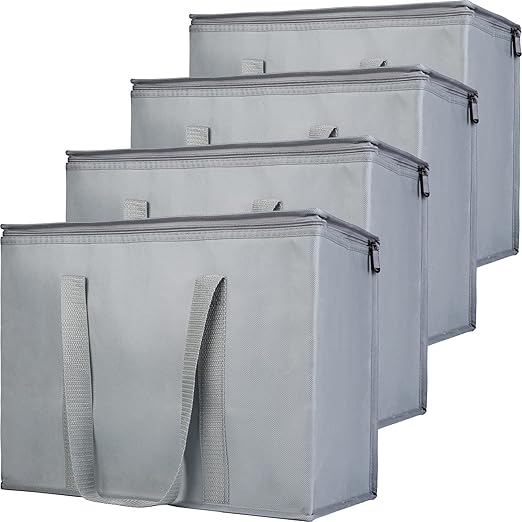 Bodaon 4-Pack Insulated Reusable Grocery Shopping Bags, X-Large Picnic Cooler Bag Top Cold, Insulated Food/Pizza Delivery Bag, Grey