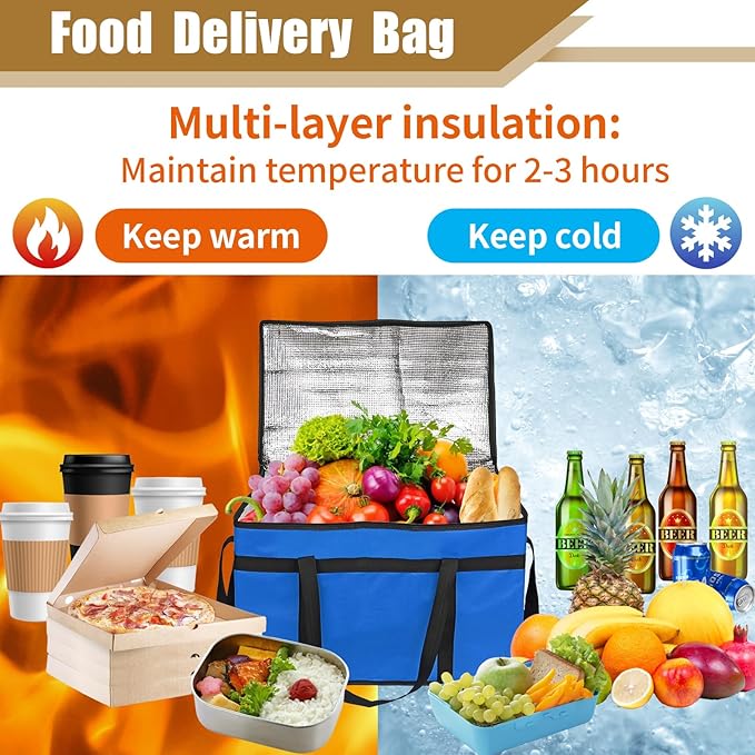 PEASUG Insulated Bags for Food Delivery, XXXL Pizza Delivery Bags, Large Capacity Cooler Bag Keep Food Warm for Grocery Shopping and Catering, Foldable, Heavy-Duty (Blue)