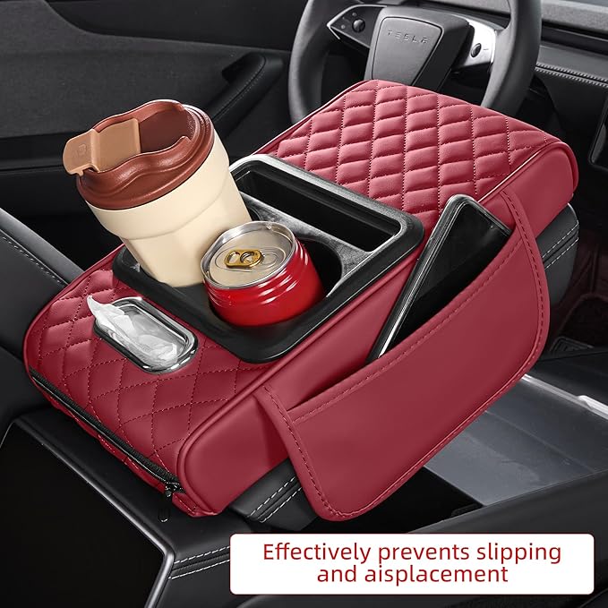 5 in 1 Car Center Console Cover, Armrest Pad with 2 Storage Pockets, Cup Holder, Tissue Box Slot, Phone Holder, Universal Car Interior Organizer (Burgundy)