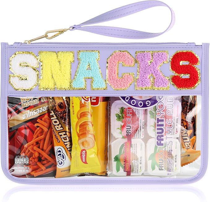 Snack Bag for Travel - Clear Chenille Varsity Letter Flat Pouch with Zipper, 12.2×8.46 inch Waterproof Clear Nylon Preppy Patch Makeup Cosmetic tote Bags for Women Girls
