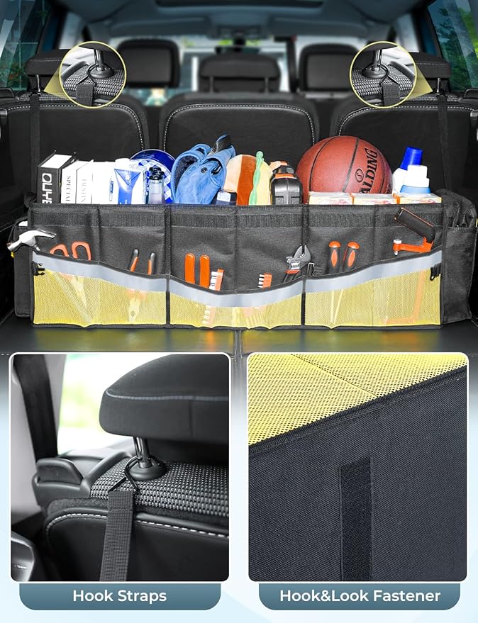 Oasser Trunk Organizer with Cooler Bag 95L, Bearing 110lb No Deformation, Collapsible with Multi Compartments, 20L Removable Insulated Bag, Foldable Lid, Non Slip Bottom, 2 Straps (Black&Yellow)