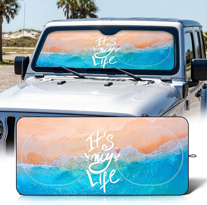 63"x28.5" Car Windshield Sun Shade with Storage Pouch, Stylish Printed Front Window Sunshade with Double Ring Frame, Universal Fit Foldable Heat Blocker & UV Protector for SUV, Sedan (Beach)