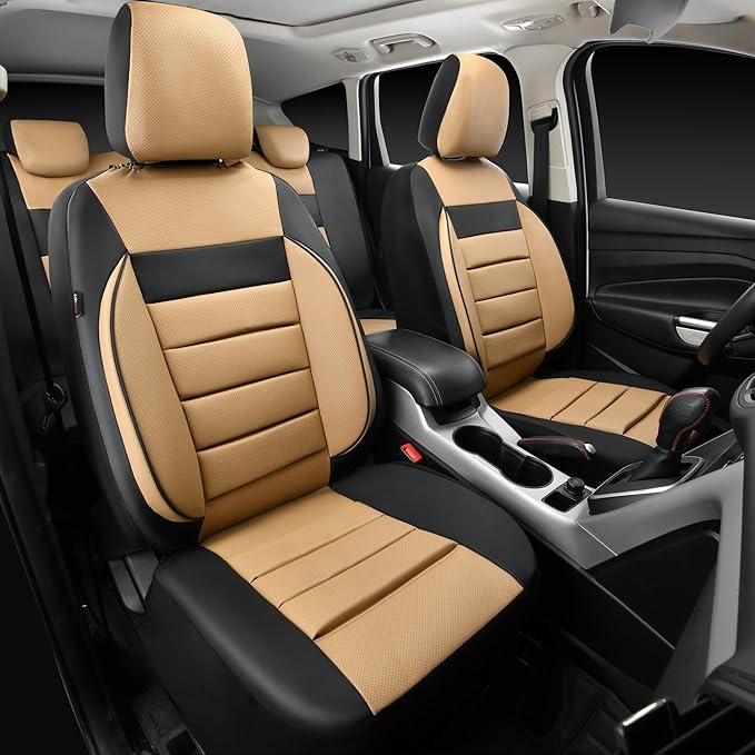CAR PASS Leather Seat Covers Full Set Universal Water Resistant 3D Foam Back Support, Luxury Comfort Automotive 5 Seat Covers All Season Fit for SUV,Sedan,Van, Airbag Compatible Elegance(Beige Black)