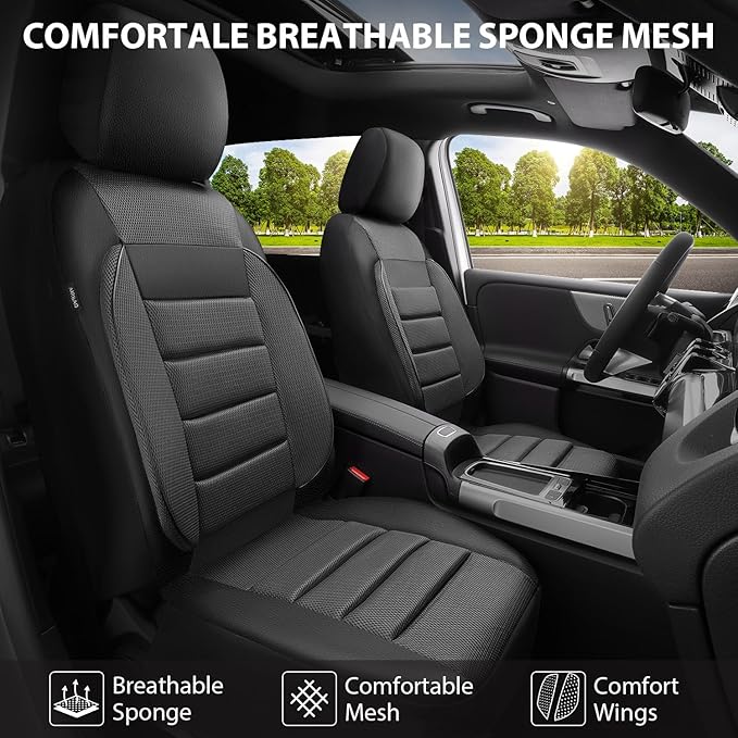CAR PASS 3D Foam Leather Car Seat Covers Two Front Seats only, Air Mesh Thick Seat Covers, All Weather Car Seat Cover Comfort & Protection for Truck,SUV,Sedan,Van, Airbag Compatible (Charcoal Gray)