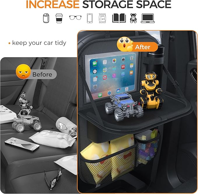 Car Back Seat Tray Organizer: Backseat Storage Protector Kids Travel Accessories Table Holder Car Kick Mat for Kid Road Trip Essentials - Truck Carseat Bag Cover Tablet Organizers Pocket 2 Pack