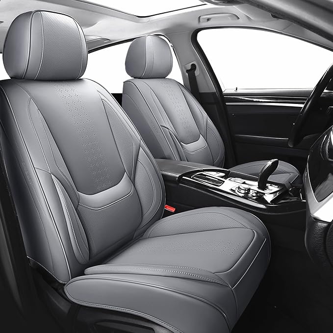 Chezope Car Seat Covers Full Set, Grey Leather Seat Covers, Breathable Front and Back Car Seat Protectors, Wear-Resistant Seat Covers Universal Fit for Most Cars SUV Truck (Grey-Solid, Full Set)