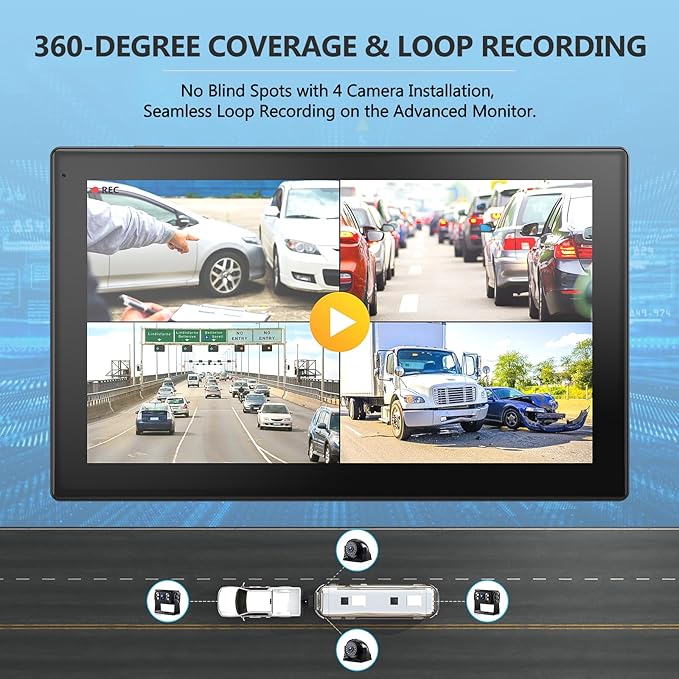 4K RV Backup Camera System 10.1" Quad Split Touchscreen Monitor 4 1080P HD Rear Side View Cameras DVR Recording Bluetooth Music USB Video Play IP69 Waterproof Night Vision for RV Truck Trailer