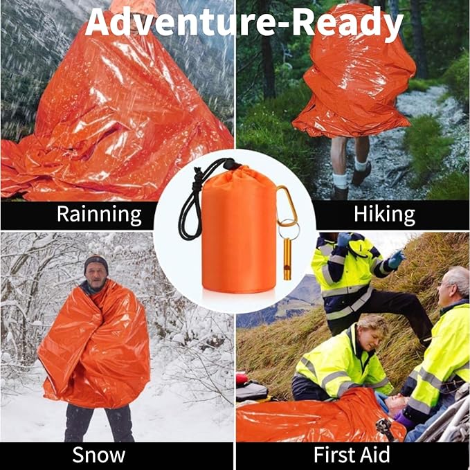 Waterproof Emergency Sleeping Bag with Whistle, 2 Pack Mylar Thermal Bivy Sack for Survival, Camping, Hiking with Emergency Blankets, Survival Kit Supplies