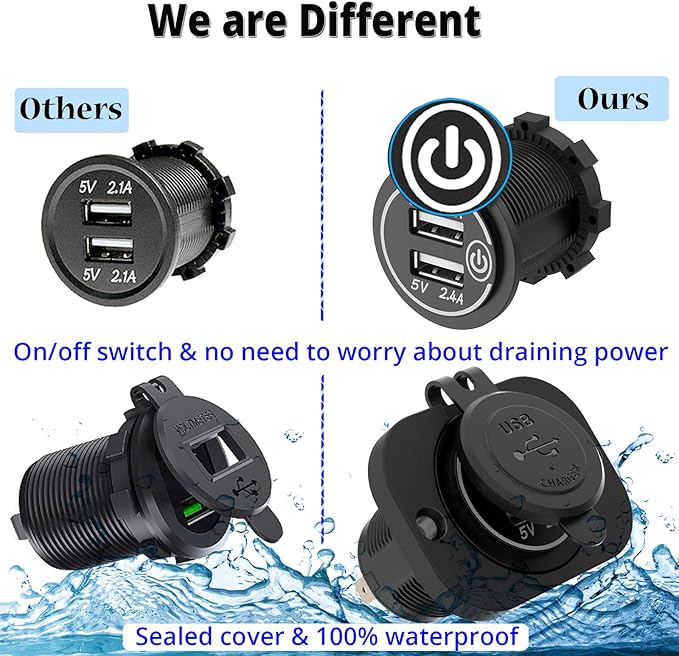 Dual USB Socket 12V Marine Outlet with Switch Golf Cart USB Port 12 Volt DC Car Charger Mount Waterproof Cigarette Lighter Power Adapter DIY Kit Fast Charge with Blue LED for Boat Motorcycle ATV RV