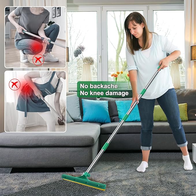 3 in 1 Carpet Rake for Pet Hair Removal, Reusable Pet Hair Remover Broom, 60'' Adjustable Long Handle Dog and Cat Hair Remover Tool Set of 3, Lint Remover Scraper for Carpets (Dark Green, 60inch)