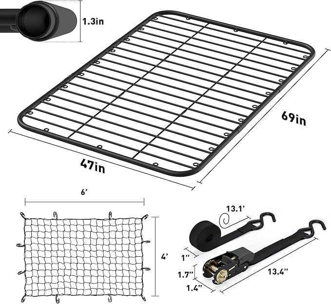 WILDROAD Car Roof Platform, Universal Roof Flat Rack 69" x 47" x 1.3" Heavy Duty Roof Rack Platform with Super Duty Bungee Cargo Net, Ratchet Straps and Anti-Rust Sealant Fits for SUV Truck Cars