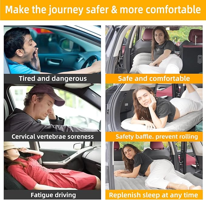 KMZ SUV Air Mattress Thickened and Double-Sided Flocking Travel Camping Bed with 2 Pillows & Pump Dedicated Mobile Cushion Inflatable Bed for SUV Trunk and Rear Seat (Light Gray)