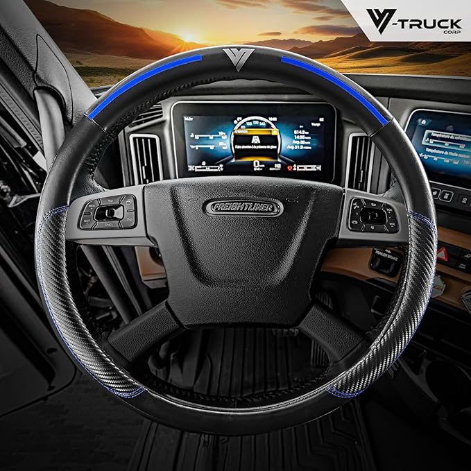 18-Inch Genuine Leather Steering Wheel Cover for Semi Trucks – Black with Blue Stripes, Universal Fit Heavy-Duty Non-Slip Grip, Comfortable Control, Easy Installation