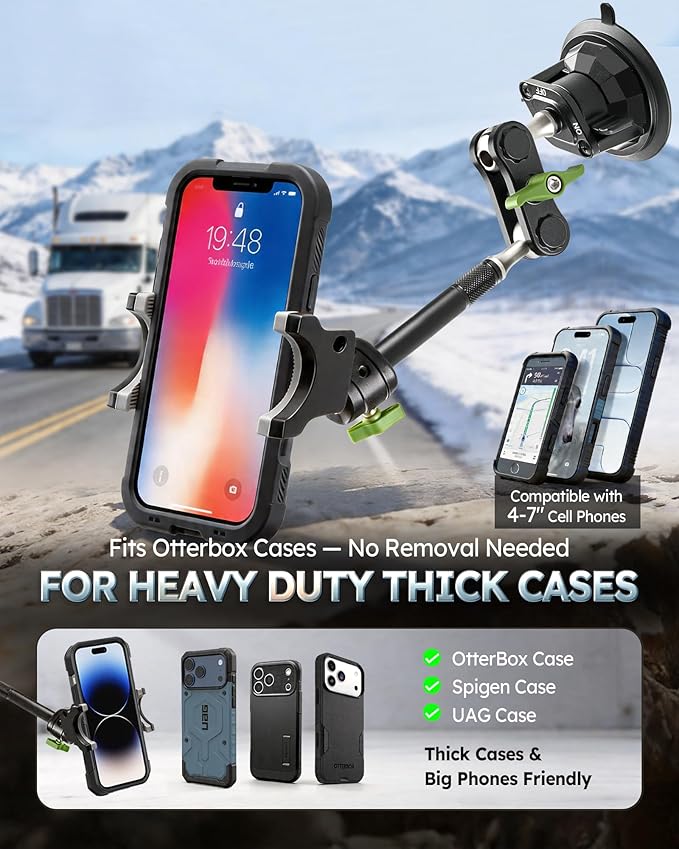 Heavy Duty Truck Phone Mount, Aluminum 360° Rotating Anti-shake Suction Cup Phone Mount, 14.5" Long Arm Metal Windshield Phone Holder for Car Truck Semi, Fits Thick Cases F-150 Silverado RAM Kenworth