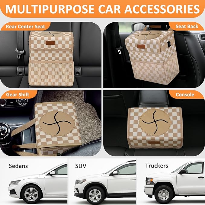 Car Trash Can Bin with Lid Hanging for Back Seat, Car Accessories for Women Men Leak Proof Automotive Garbage Cans Leakproof Vehicle Trash Can for Truck SUV,Khaki Checkered