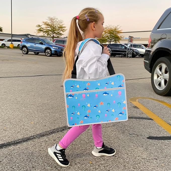 MENZOKE Kids Travel Tray, Car Seat Tray for Kids Travel, Toddler Essentials Girls with Tablet Holder, Road Trip Essentials with Cooler Cup Holder, Dry Erase Board & Storage Pocket for Airplane, Blue