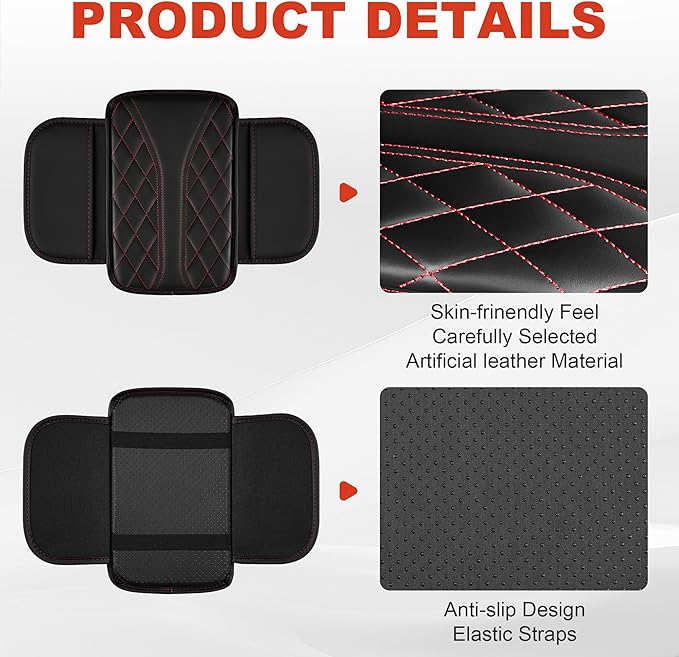 Center Console Cover Fit for Kia Sportage 2005-2025 with 2 Storage Bags Waterproof Leather Quilted Pattern Car Armrest Cover Cushion Anti - Slip(002#Black&Red Line)