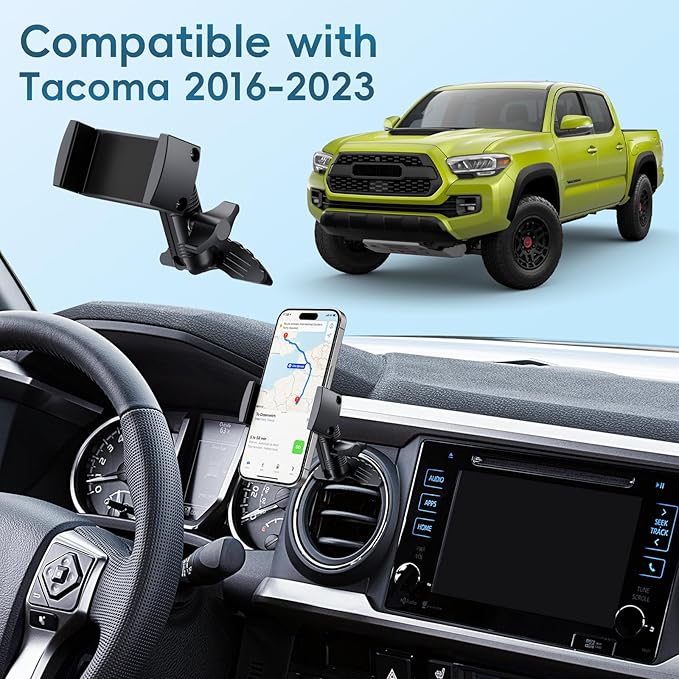 Upgraded Vent Metal Phone Mount for Tacoma 2016 -2023 and 2014-2021 Toyota Tundra, 3rd Gen Toyota Tacoma Cell Phone Cradles with 360° Adjustable Double Socket Metal Arm Fit for All Smartphones