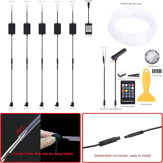 Car Interior Ambient Lighting Optic Fiber RGB 64 Colors Multicoloured Music Car Footwell Lighting Kit with Cigarette Lighter and App Microphone, 12-24V 6m