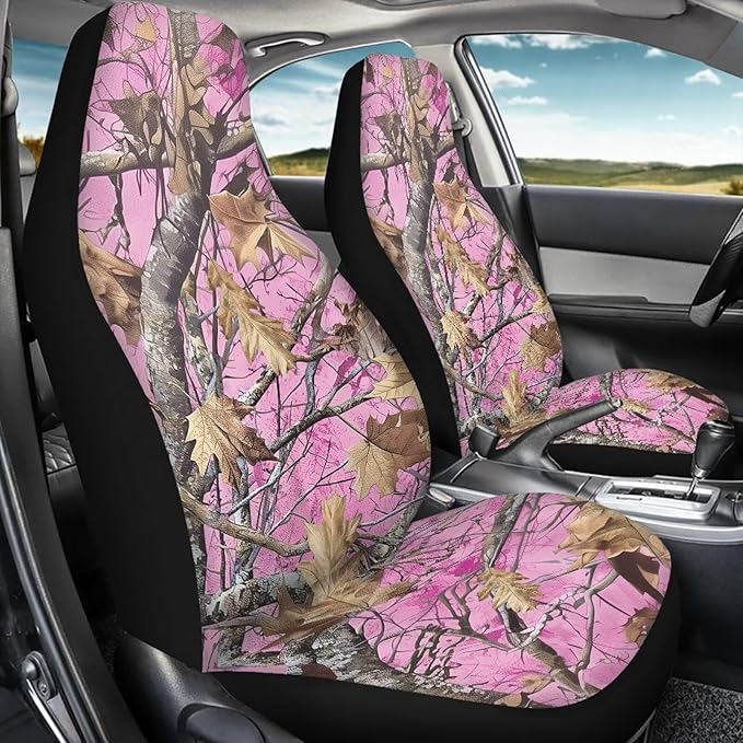 KEIAHUAN Camo Hunting Car Accessories Auto Front and Rear Seat Covers Fit Most Vehicle Truck,SUV, reathable Elastic Front Saddle Blanket Rear Split Bench Protection Cover, Pink