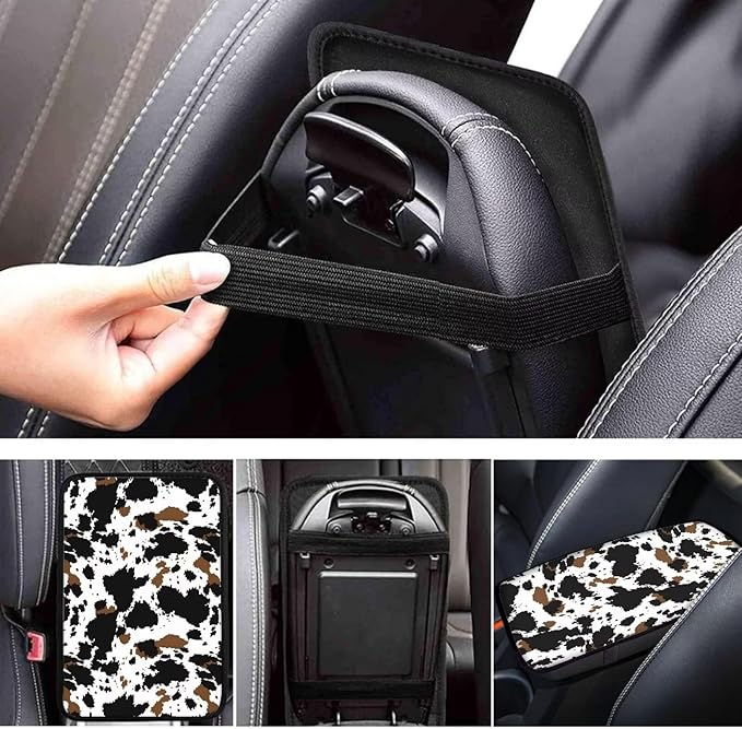 Automotive Center Console Armrest Cover, Cow Print Universal Armrest Box Protector with Elastic Bands,Car Interior Decor,Easy to Install