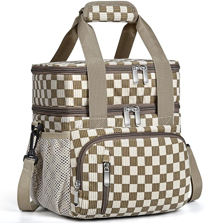 Insulated Lunch Bag for Women, Double Leakproof Lunch Box Soft Cooler Tote with 5 Pockets, 600D Oxford, EVA Lining, Adjustable Strap for Work, Picnic, Beach&Travel- Corduroy Khaki Checkered