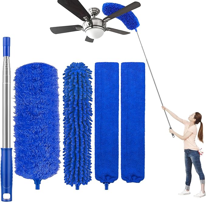 UIMO Microfiber Feather Duster 5-in-1 Kit for Dusting and Cleaning – 30–100" Extension Pole, Anti-Slip Grip, Bendable Washable Heads for Ceiling Fan, Furniture, Car (Blue)